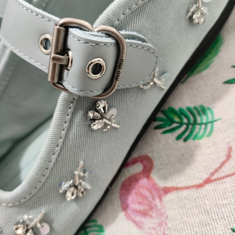 Miu Miu Pale Blue Jeweled Mary Jane Flats